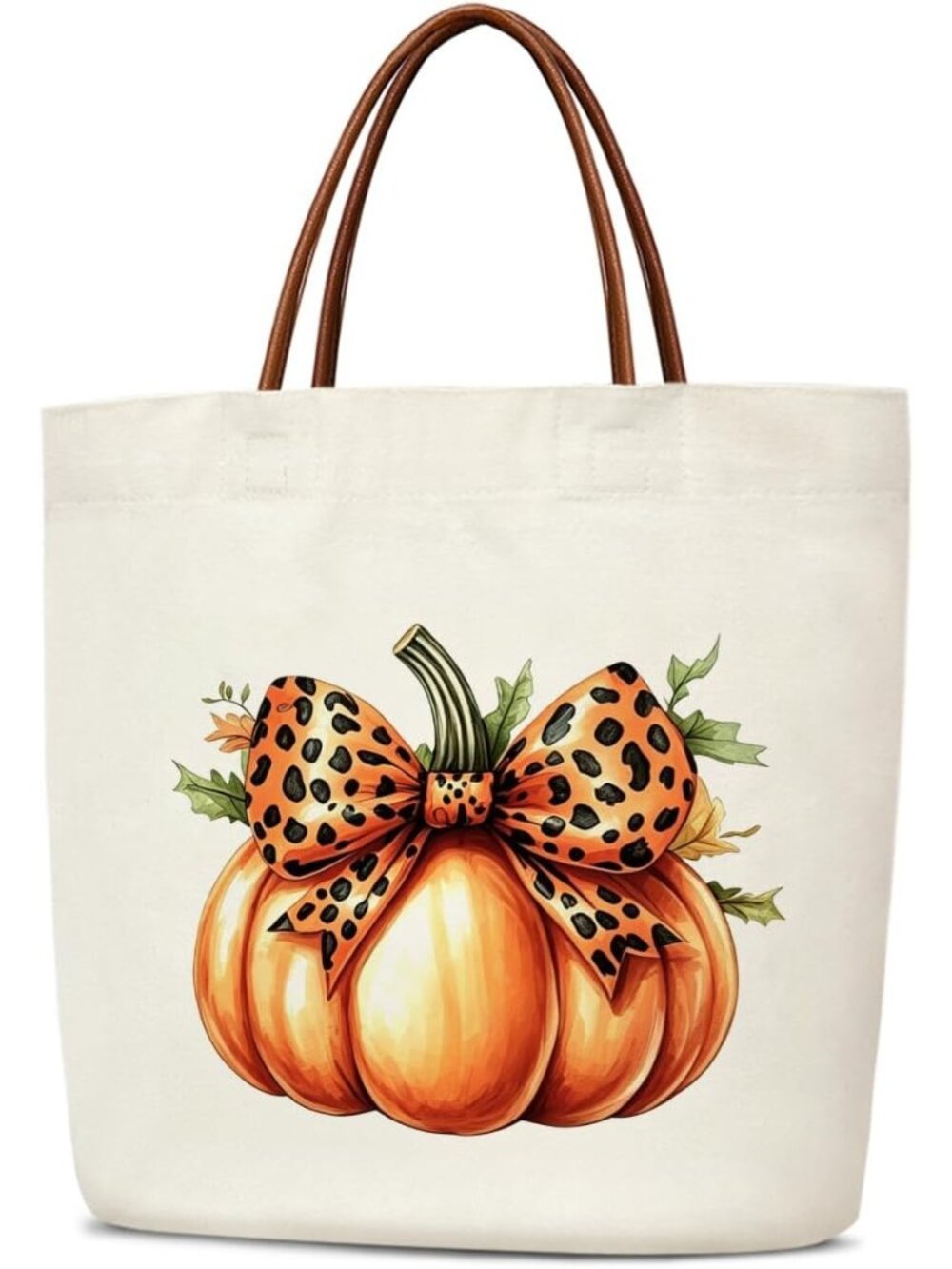〽️Women's Cream Leopard Bow Halloween Reusable Leather Handles Grocery Gift Bag